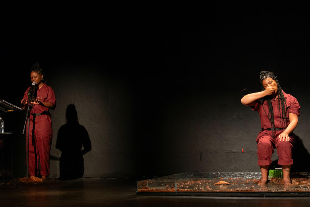 The Tongue Bends Whenever It Faces What Is Unquestionable or What Has Been Cursed (Book-Performance, Chapter VI), 2023. Performance, 35th São Paulo Biennial, Brazil. Photo by Levi Fanan / Fundação Bienal de São Paulo